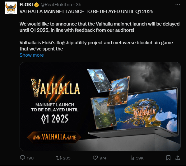 Floki Delays Valhalla Mainnet Launch to Q1 2025 Floki Delays Valhalla Mainnet Launch to Q1 2025