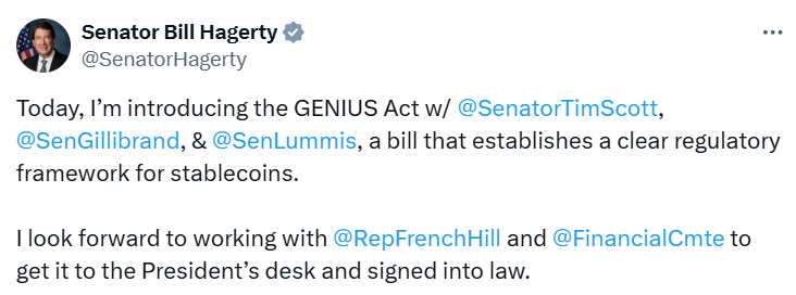 Senator Hagerty to Introduce GENIUS Act for Stablecoin Rules Senator Hagerty to Introduce GENIUS Act for Stablecoin Rules