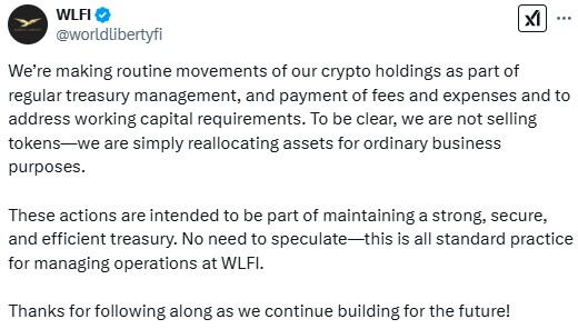 No WLFI Token Sales, Just Asset Reallocation No WLFI Token Sales, Just Asset Reallocation