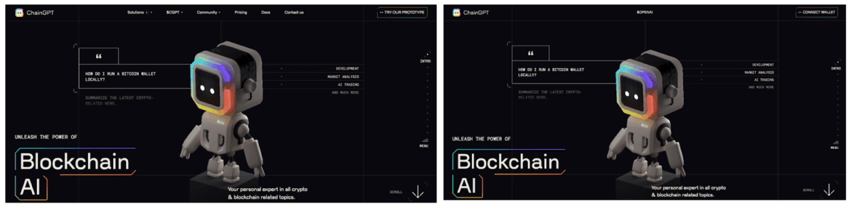The suspected phishing website (right) is similar to ChainGPT’s website (left)