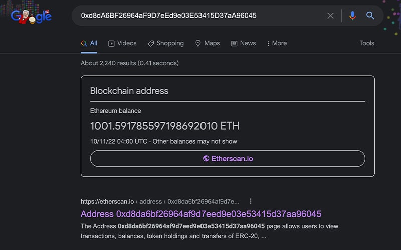 Google Enables Users to View Balances of Ethereum Addresses