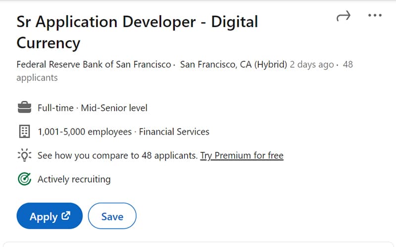 Federal bank of San Francisco Job posting on LinkedIn