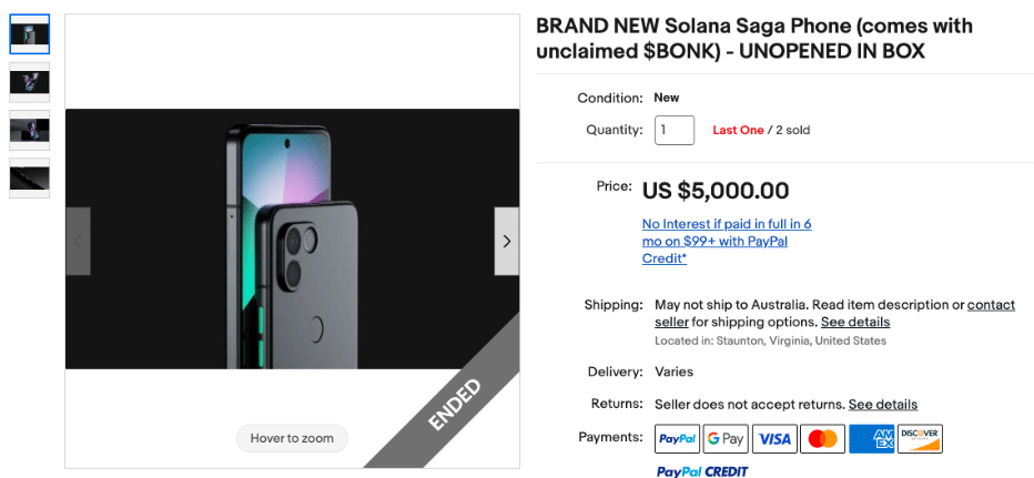 Solana Saga Phone sold at $5,000 - eBay