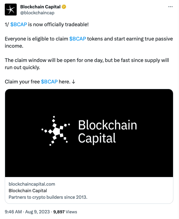 Deleted Tweet promoting misleading "BCAP" token