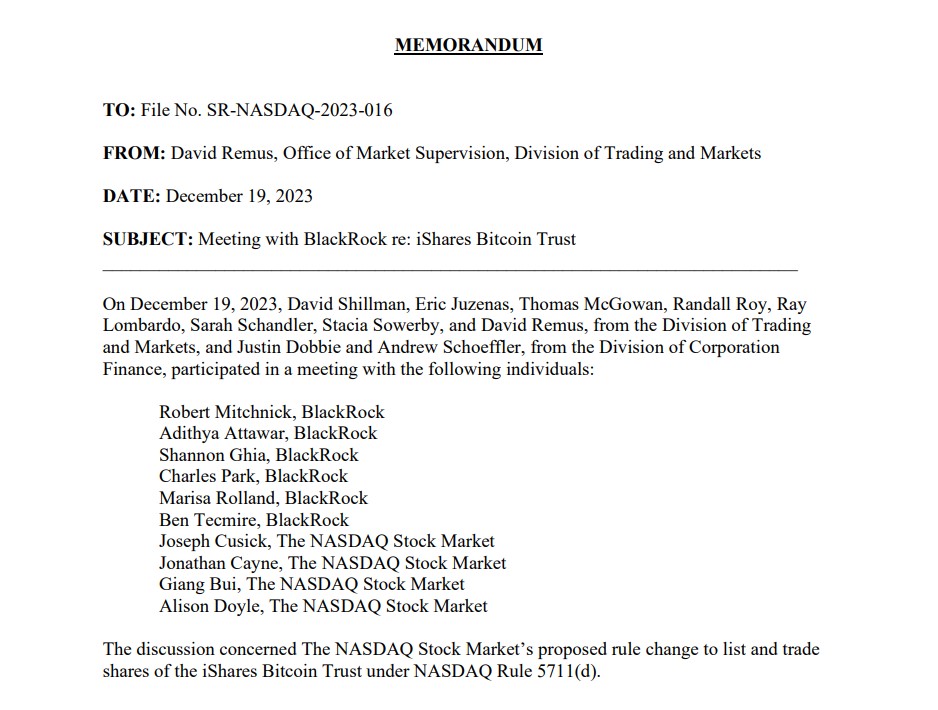 Memorandum about the meeting between BlackRock, Nasdaq and the SEC