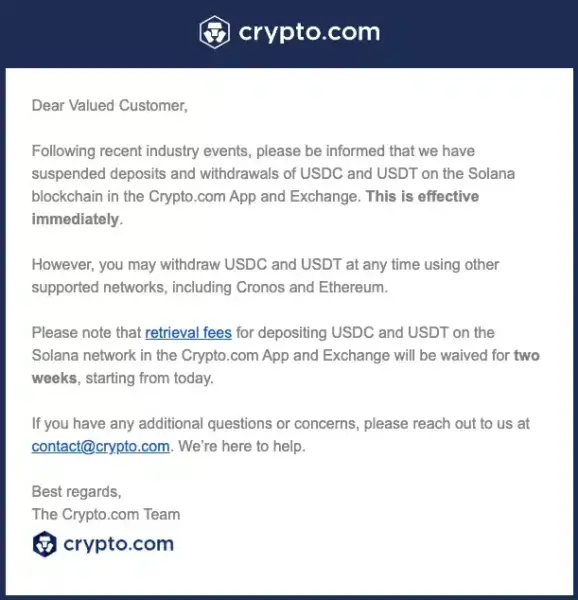 Screenshot of the email sent to Crypto.com customers.