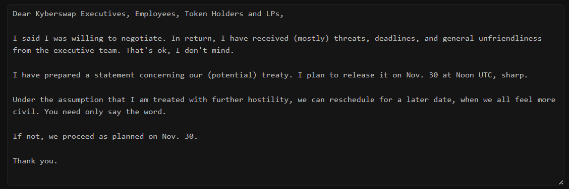 Message from KyberSwap hacker