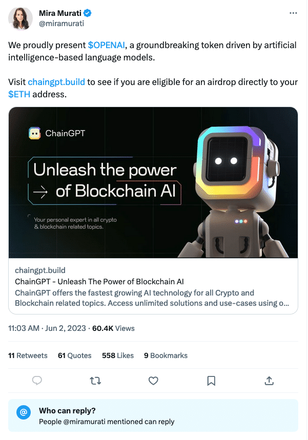 Murati's tweet promoted the airdrop of an ERC-20 token