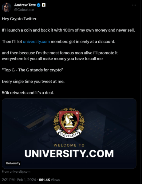 Andrew Tate Launching his own Cryptocurrency