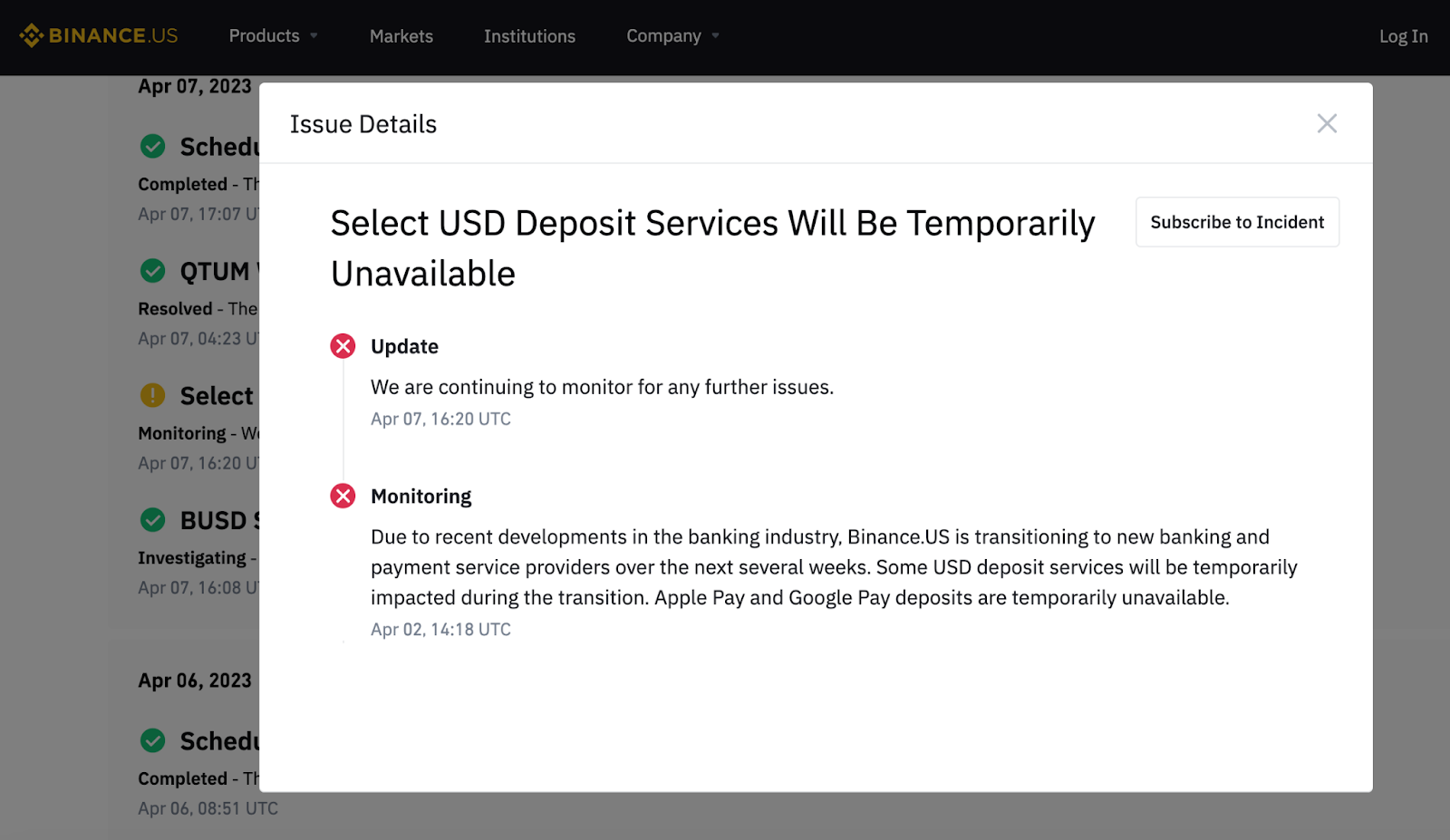 Binance.US Update on U.S. Dollar Deposit Services