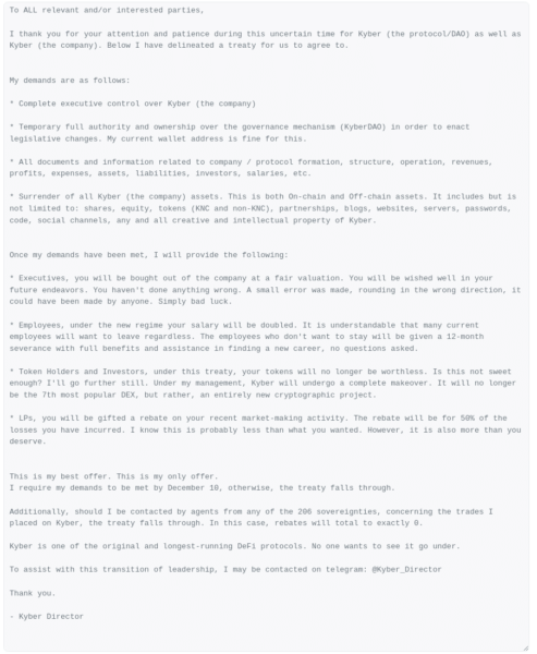 KyberSwap Hacker's Porposed Treaty - Etherscan