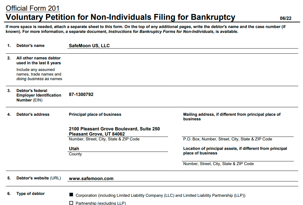 Safemoon bankruptcy filing