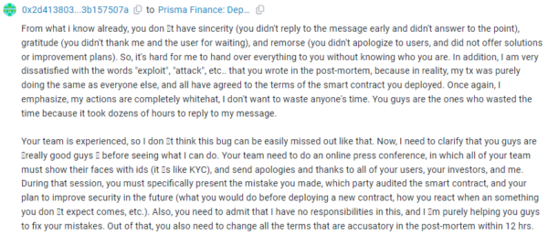 Prisma Finance’s $540K Still At Risk Hacker Demands Apology 2 Prisma Finance Hacker Demands Live Conference Apology After 11M Breach