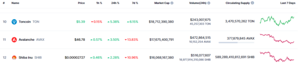 Toncoin enters top 10 crypto by market capitalization overtakes Avalanche