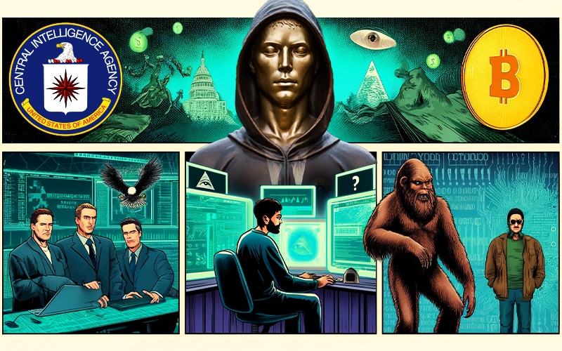 a single illustration depicting logo of CIA, A computer programmer, illuminati group insignia, bigfoot and Nakamoto in the centre