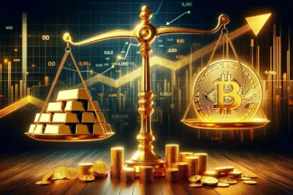 DALL·E 2024 02 15 13.49.51 A striking visual metaphor illustrating the concept Gold Out Bitcoin In. The image features a large golden scale in balance. On one side a pile o