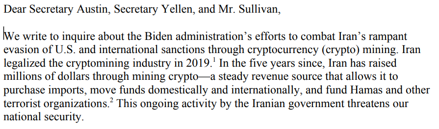 Senators Warren and Angus King questioning US efforts to stop Iran from allegedly using crypto mining to evade sanctions, and fund terrorism