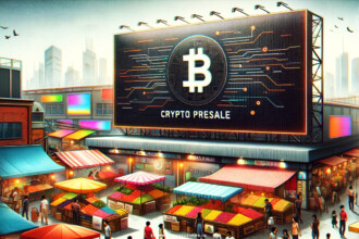 A big display is showing the Crypto Presales with bitcoin icon on the display