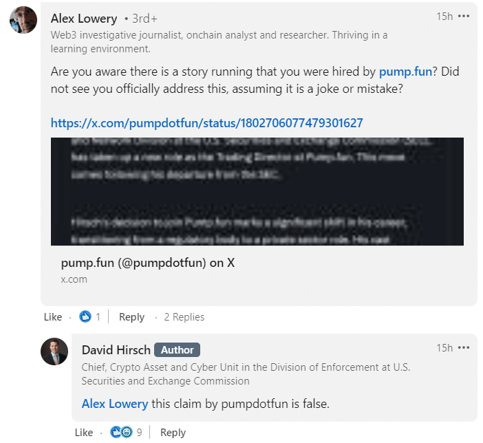 David Hirsch denial of joining Pumpdotfun, via LinkedIn