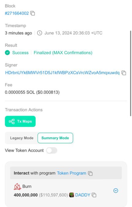 Solscan ($DADDY token burned)