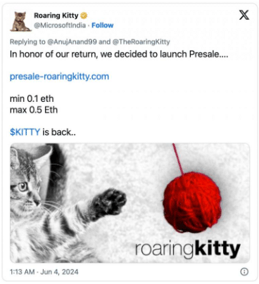X Post of Roaring Kitty