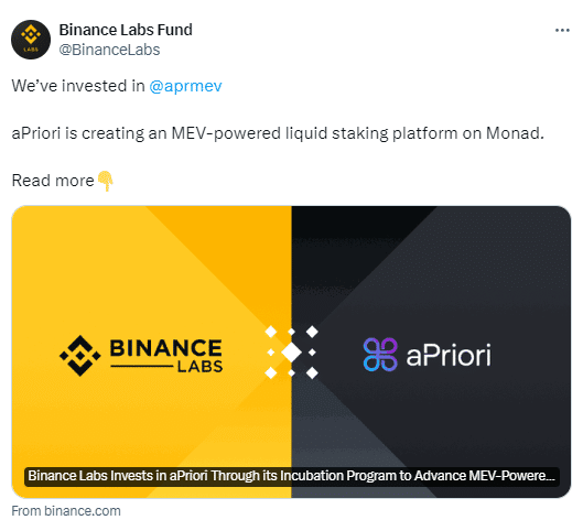 Binance Labs Invests in aPriori for Development and Security