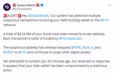 Cyvers Alerts Tweet on X(Twitter)