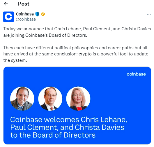 X Post of Coinbase