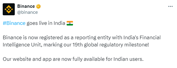 Binance Returns to India’s App Stores After Major Compliance Win
