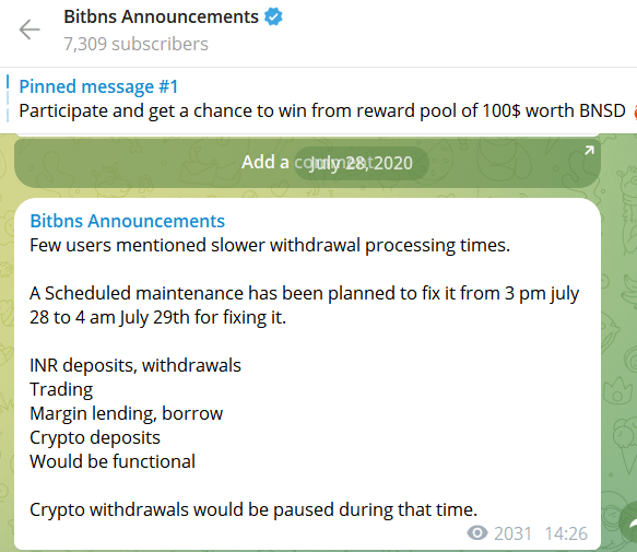 BitBNS Announcement on Telegram