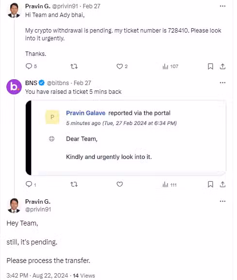 Bitbns Withdrawal Pending Twitter Screenshot