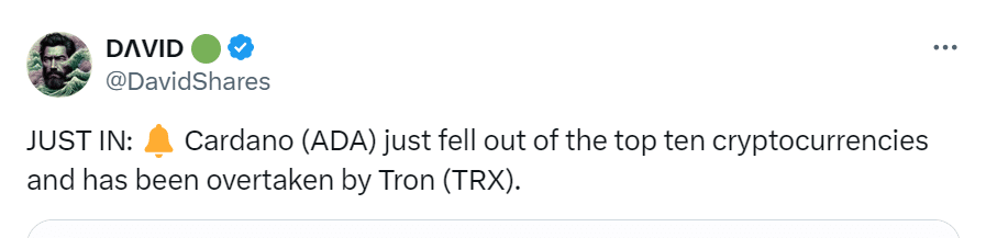Cardano (ADA) and Tron (TRX) ranking tweet.