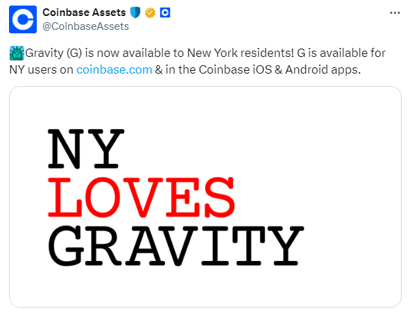 Coinbase Adds Gravity (G) For New York Users On All Platforms