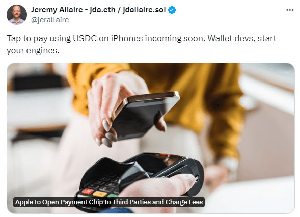 Jeremy Allaire Hints USDC Will Soon Support iPhone Tap-to-Pay