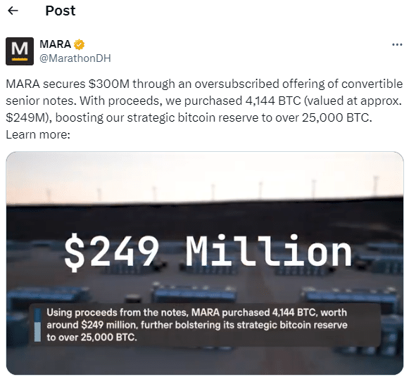 Marathon Buys $249M Bitcoin, Boosts Reserve to 25,000 BTC