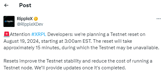 Ripplex To Reset Xrpl Testnet On Aug 19 For Enhanced Performance