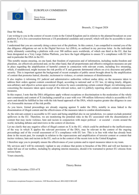 Thierry Breton Latter of EU Commission