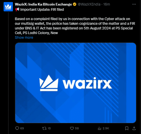 X Post of WazirX_