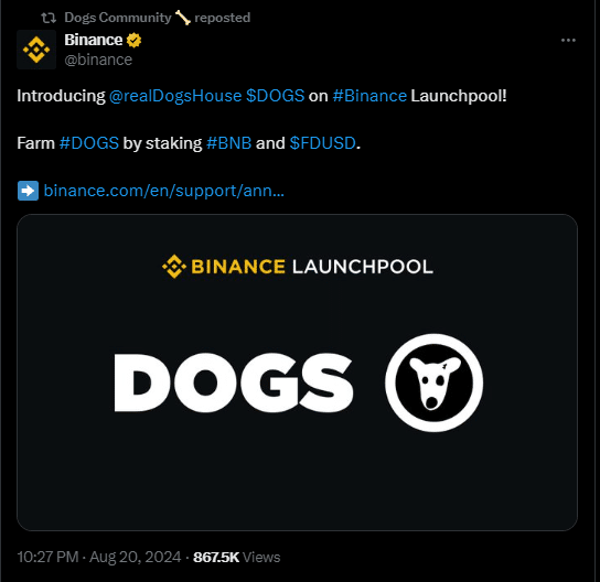Binance Lists $Dogs Token With Launchpool Ahead Of Airdrop 2 Binance Adds $Dogs Token On Launchpool With Big Incentives