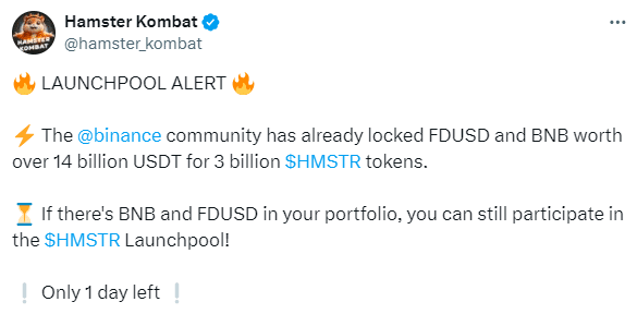 Binance Locks 14 Billion Usdt For Hamster Kombat $Hmstr Launch
