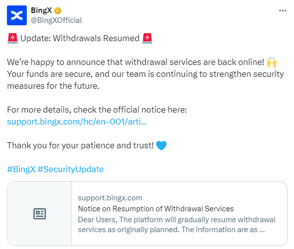 Bingx To Restart Withdrawals For Select Cryptos On Sept 21