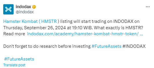 Hamster Kombat (HMSTR) Launches on INDODAX and TON Network