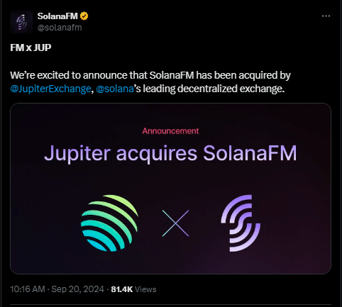 Jupiter Acquires Solanafm Tweet