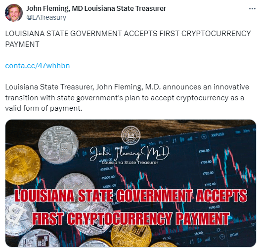 Louisiana Becomes First State To Accept Crypto Payments 2 Louisiana Becomes First State To Accept Bitcoin Payments