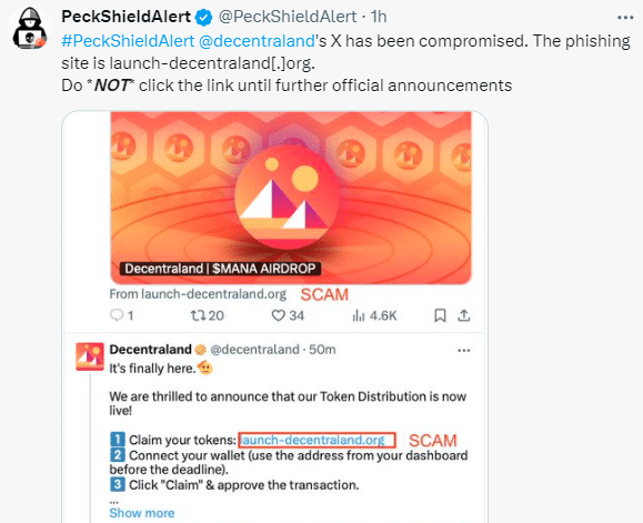 Peckshield Warns Of Hacked Decentraland X Account Promoting Scam