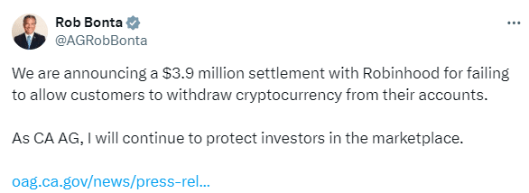 Robinhood Settles $3.9M With California Over Crypto Withdrawal