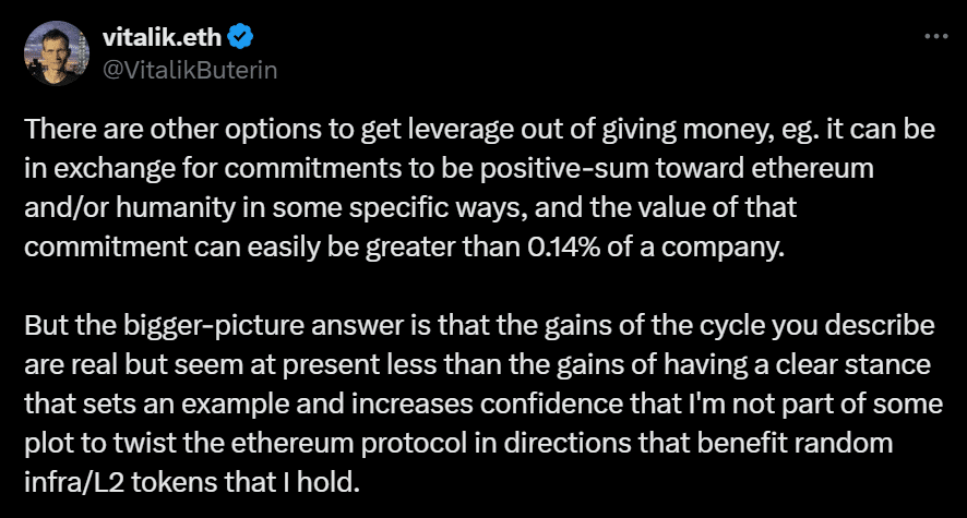 Vitalik Buterin tweet on Ethereum neutrality and L2 token holdings.