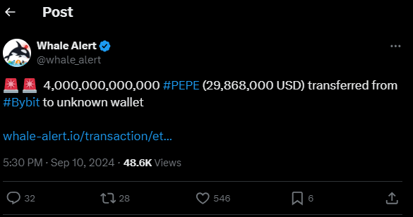 Pepe Coin Whale Transfers 4 Trillion Tokens From Bybit 2 Pepe Coin Whale Transfers