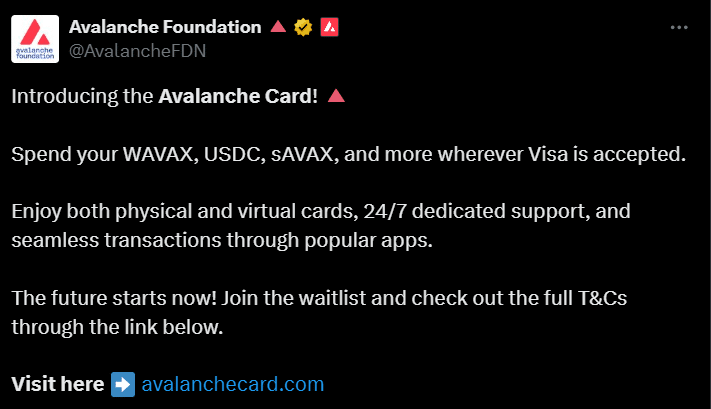 Avalanche Announces “Avalanche Card” For Easy Crypto Spending