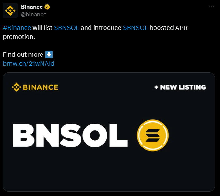 Binance Listing Bnsol Announcement